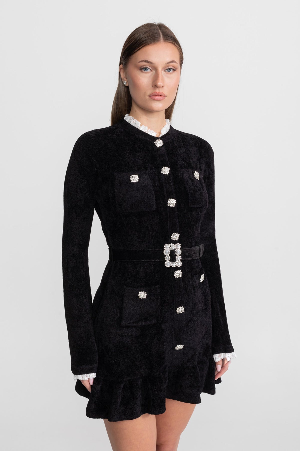 Knit Crystal-Button Mini Dress With Matching Belt – Black - View 5
