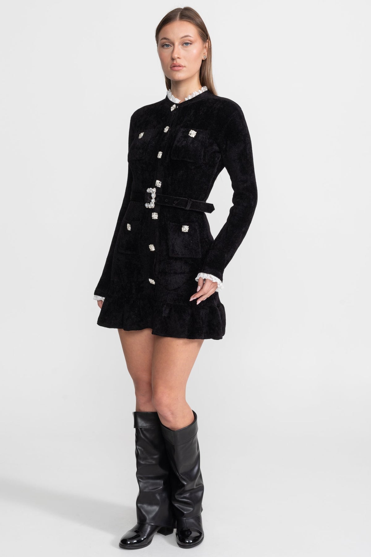 Knit Crystal-Button Mini Dress With Matching Belt – Black - View 4