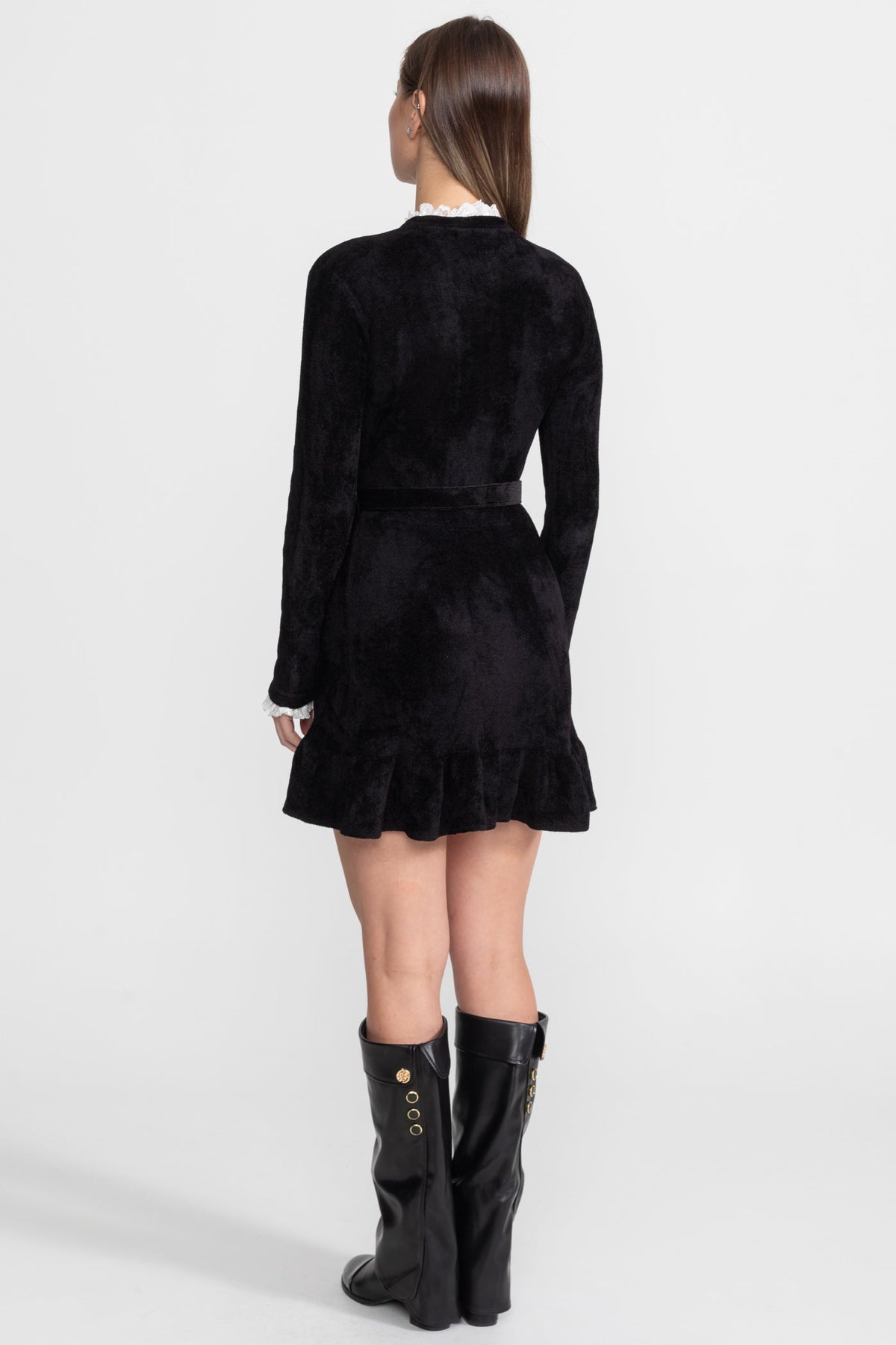 Knit Crystal-Button Mini Dress With Matching Belt – Black - View 10