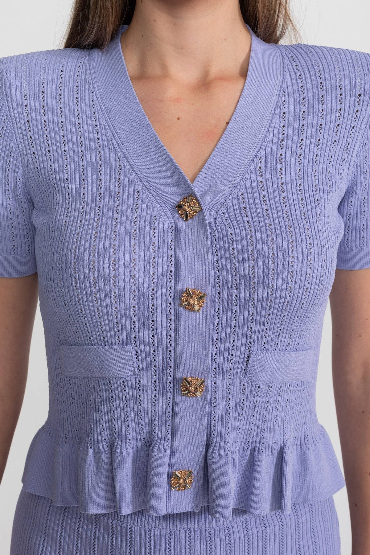 Knit Midi Co-Ord with Peplum Waist and Gold Buttons  – Lilac - View 4