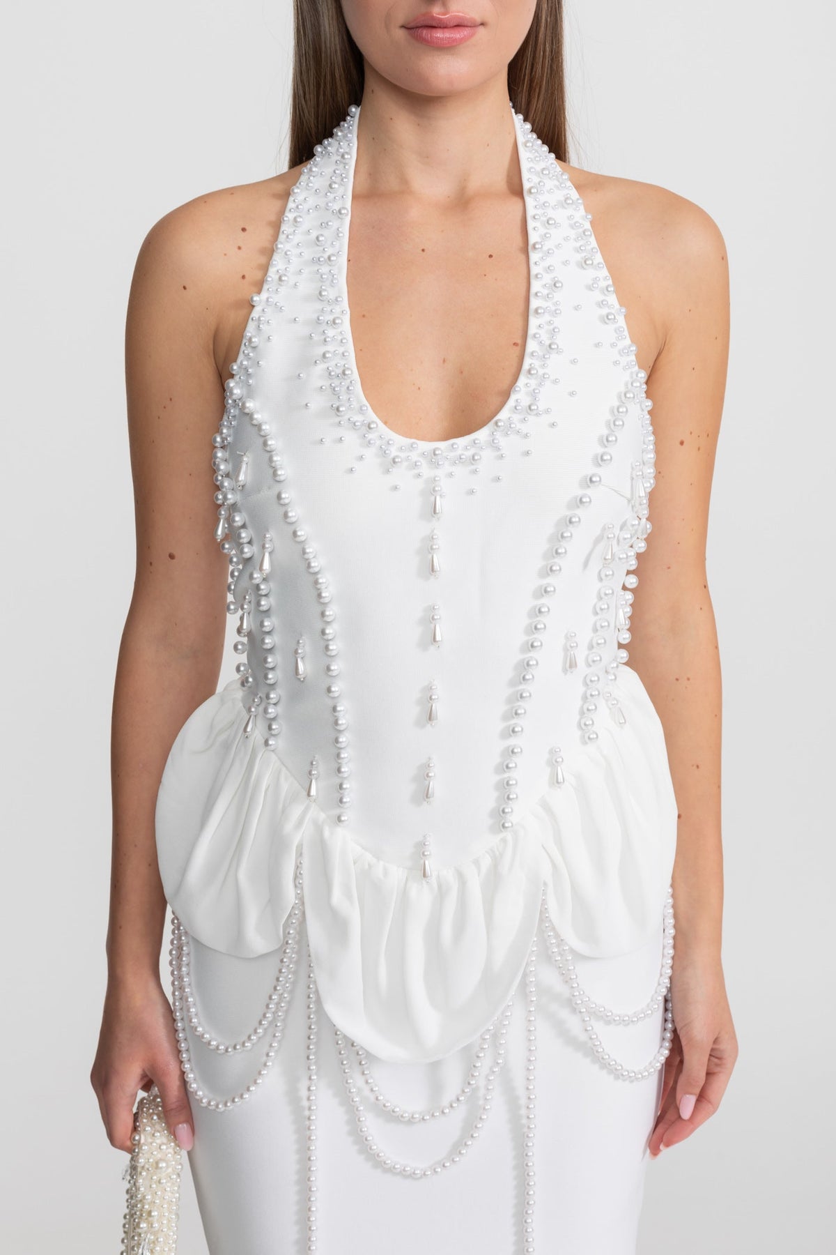Embellished Halter Maxi Dress With Gathered Peplum Detail – White - View 6