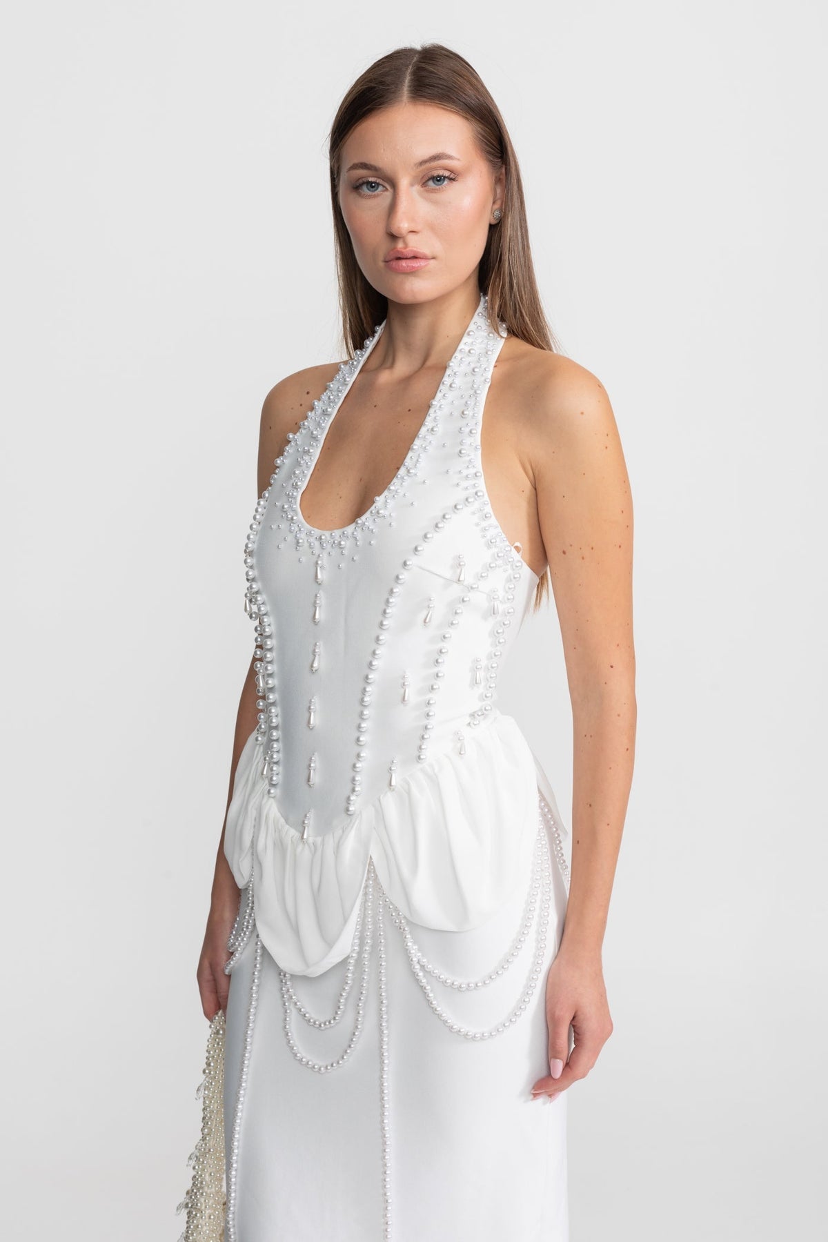 Embellished Halter Maxi Dress With Gathered Peplum Detail – White - View 8