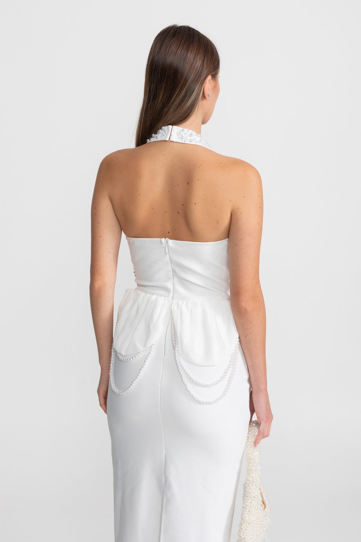 Embellished Halter Maxi Dress With Gathered Peplum Detail – White - View 9