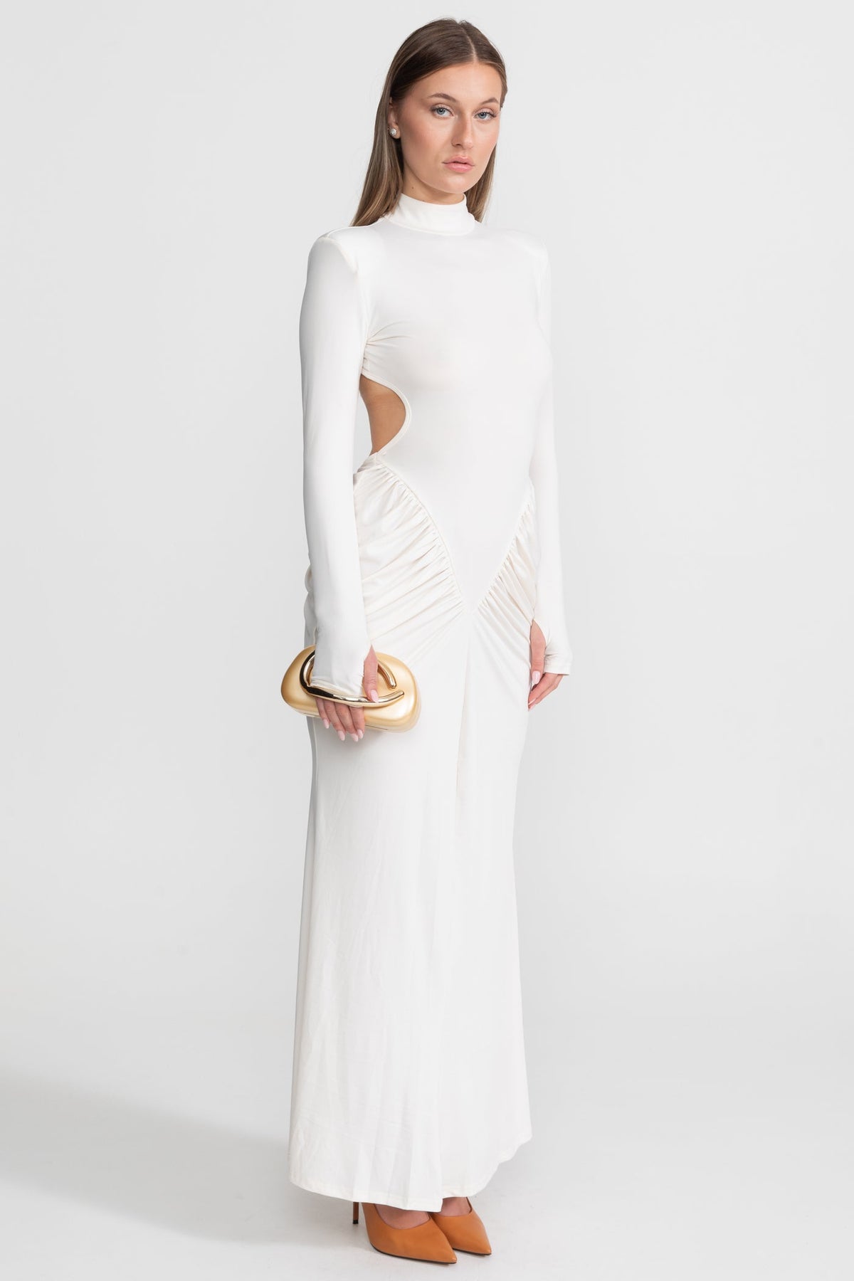 Ruched Maxi Dress With Side Cutouts – White - View 4