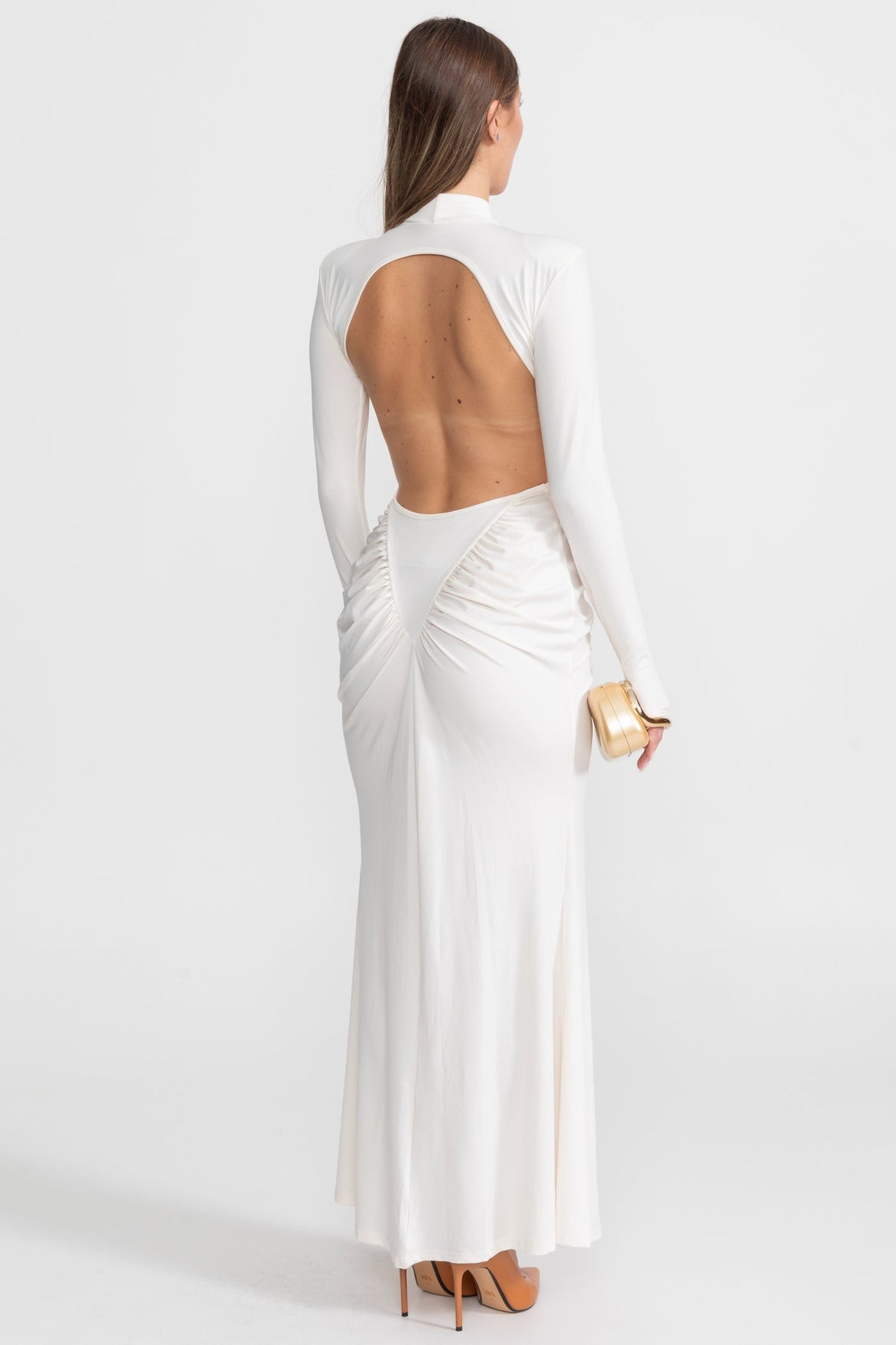 Ruched Maxi Dress With Side Cutouts – White - View 3