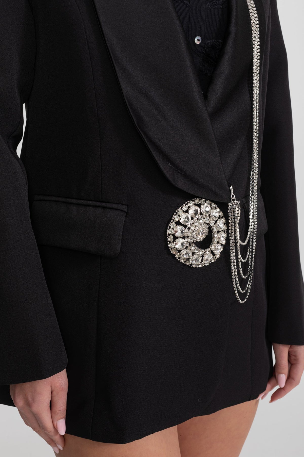 Rhinestone Brooch Chain Shawl Lapel Deep V-Neck Blazer Mini Dress - View 7