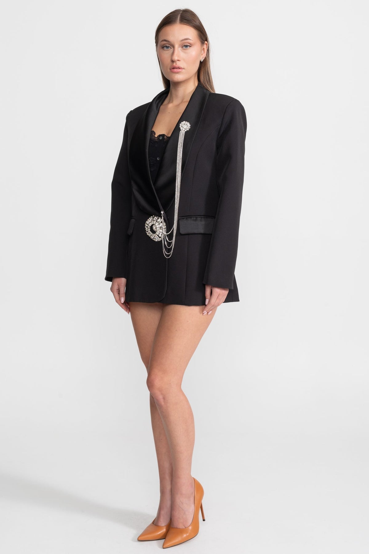 Rhinestone Brooch Chain Shawl Lapel Deep V-Neck Blazer Mini Dress - View 3
