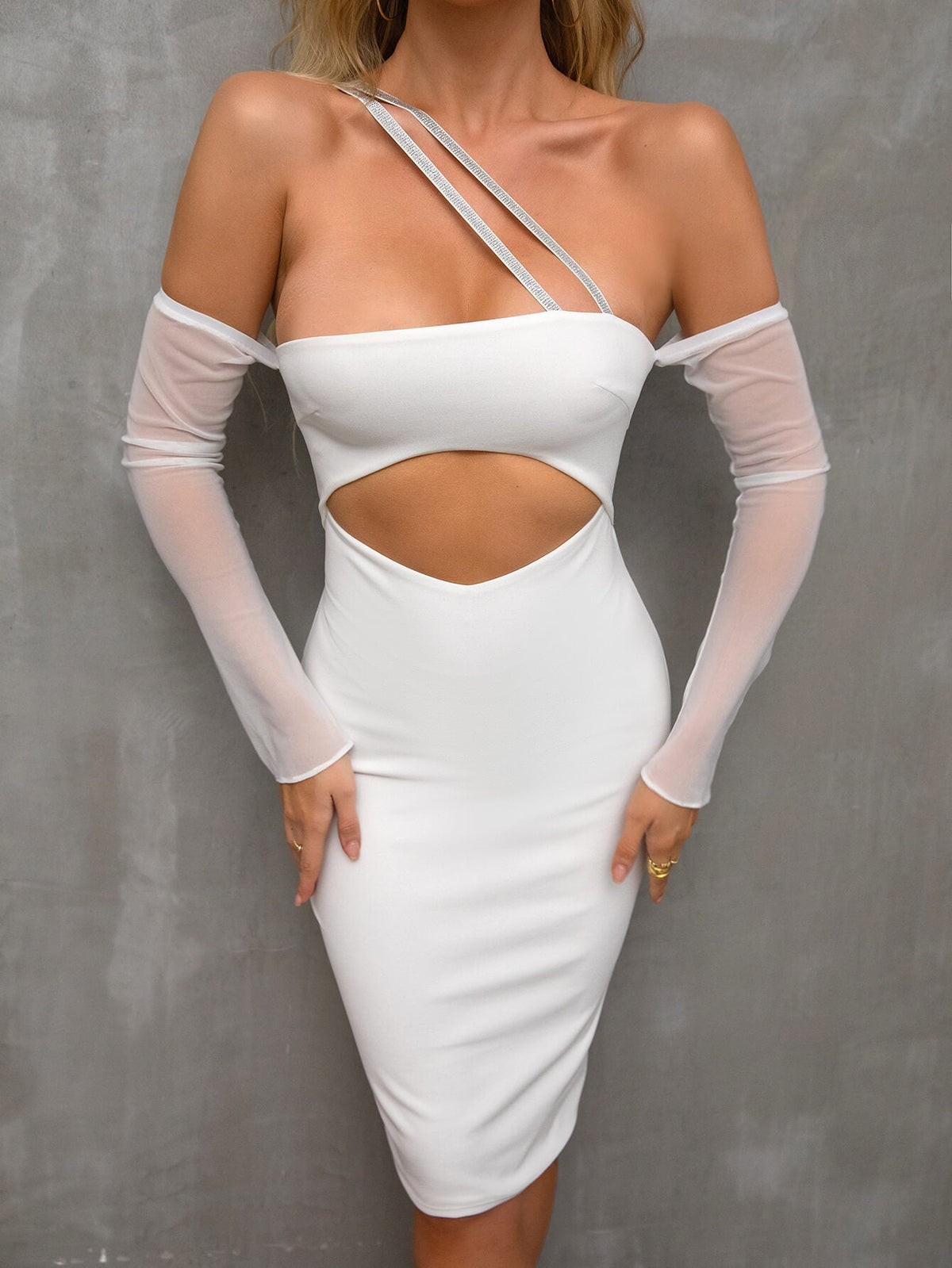 Asymmetrical Neck Glitter Strap Cut Out Dress - View 6