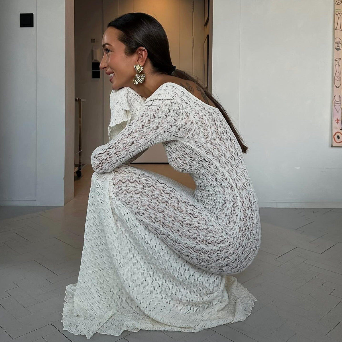 Crochet Knit Scoop Neck Long Sleeve Scalloped Hem Maxi Dress