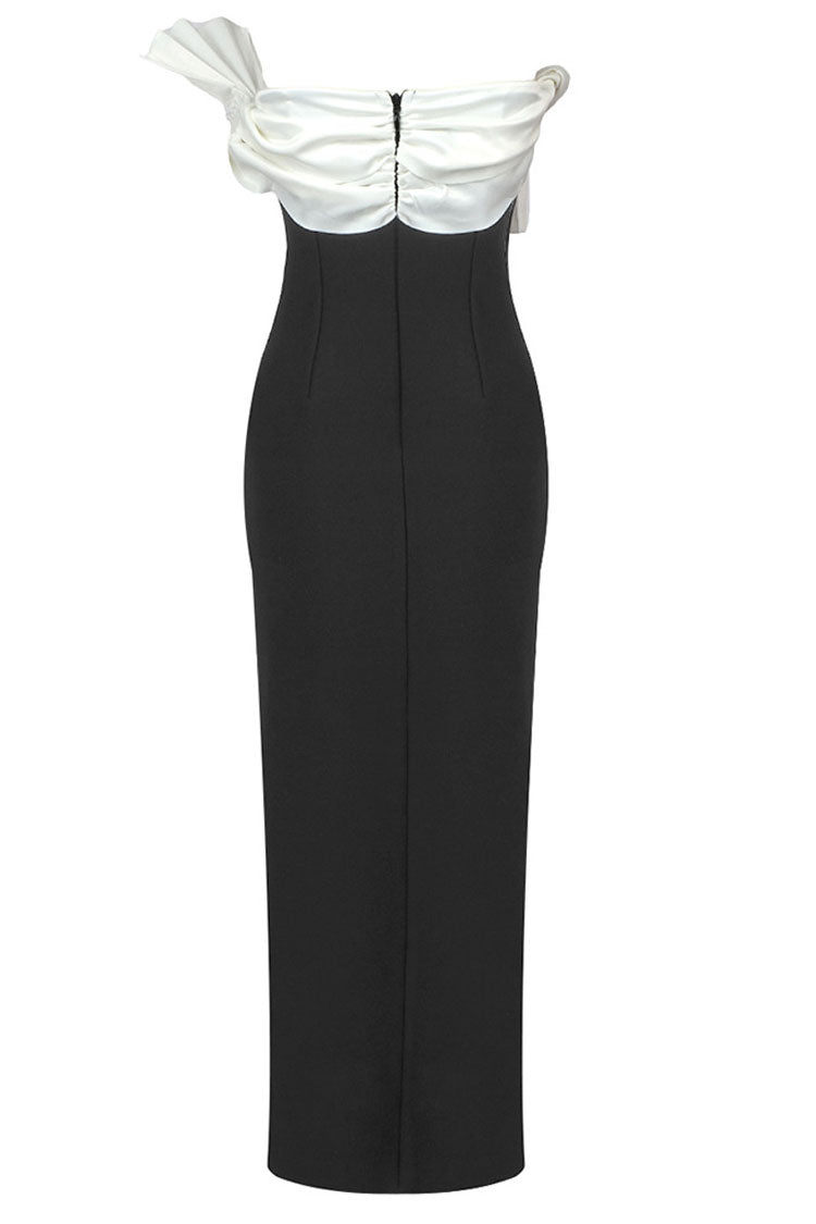 Oriental Pleated Fan Contrast Cocktail Party Midi Dress - Black - View 3