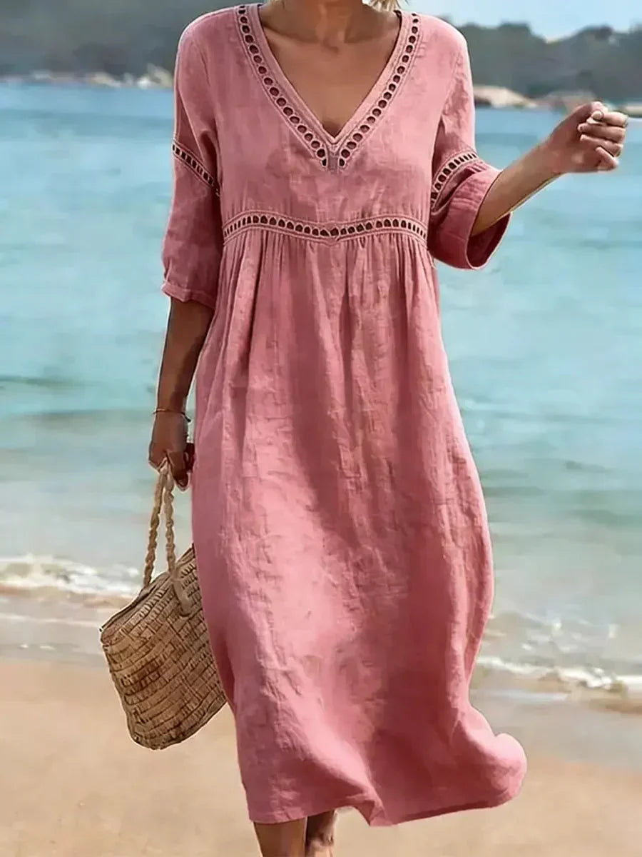 V-Neck Half Sleeve Crochet Trim Loose Maxi Beach Dress 4
