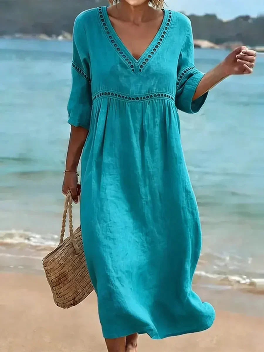 V-Neck Half Sleeve Crochet Trim Loose Maxi Beach Dress 6