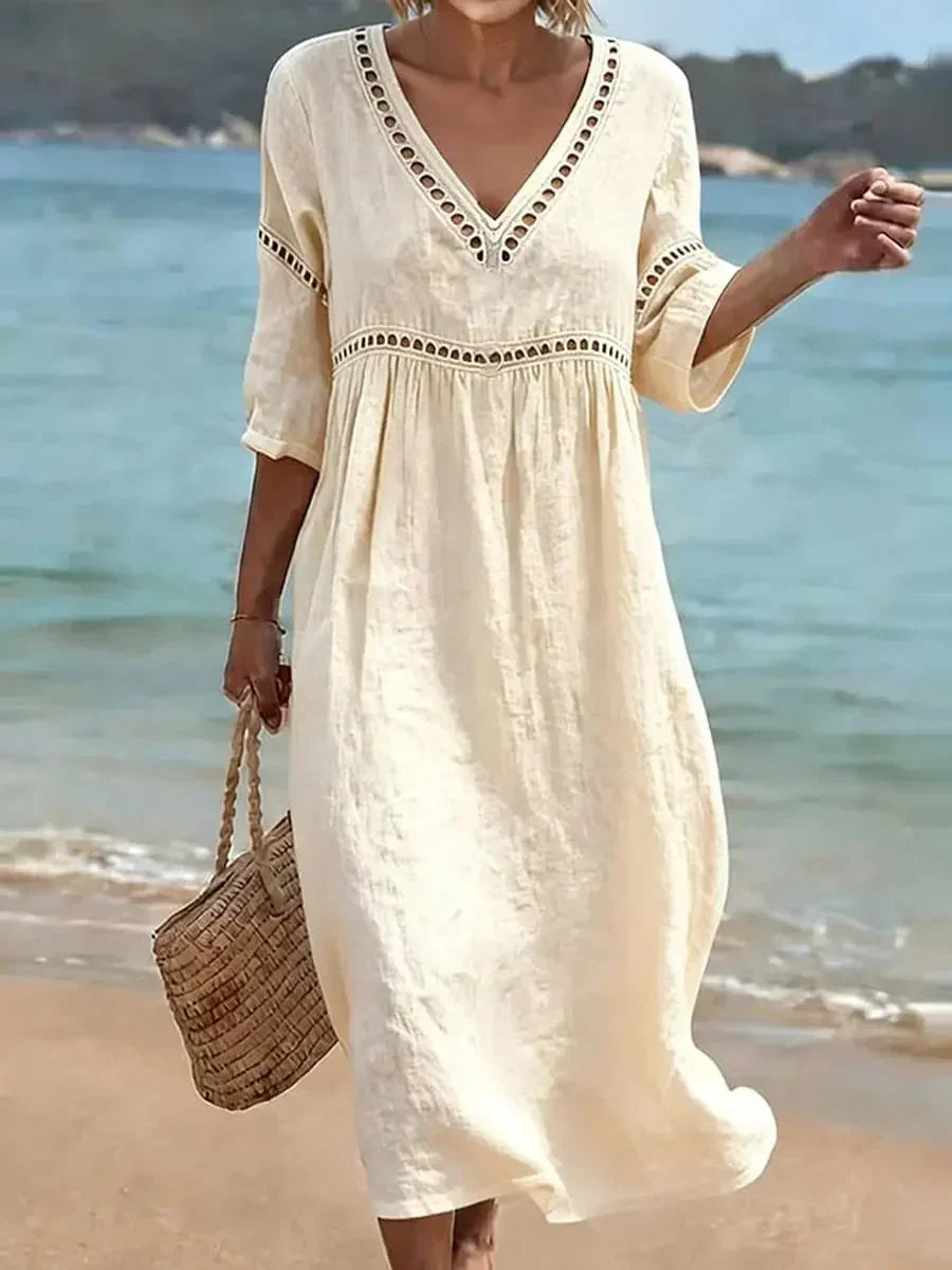 V-Neck Half Sleeve Crochet Trim Loose Maxi Beach Dress