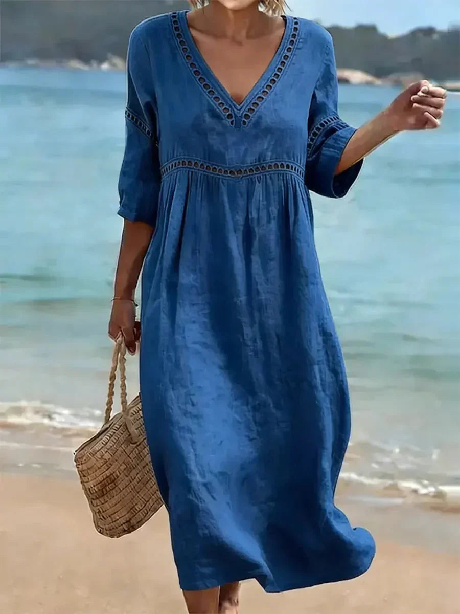 V-Neck Half Sleeve Crochet Trim Loose Maxi Beach Dress 10