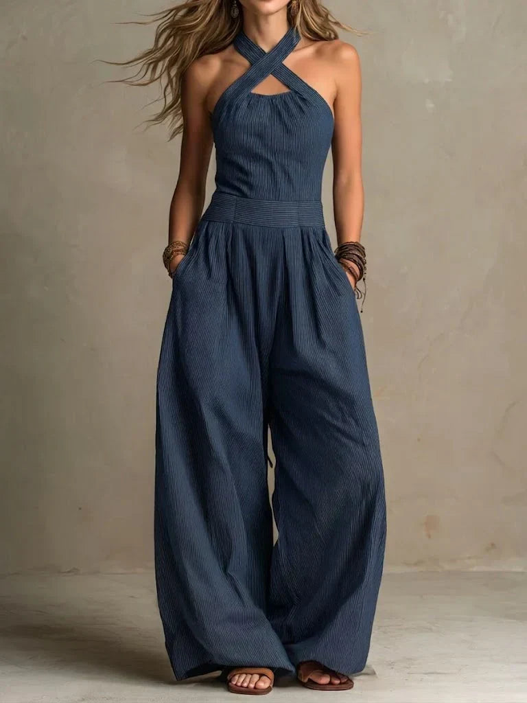 Cross Halter Neck Cut Out Wide Leg Jumpsuit with Pockets 3