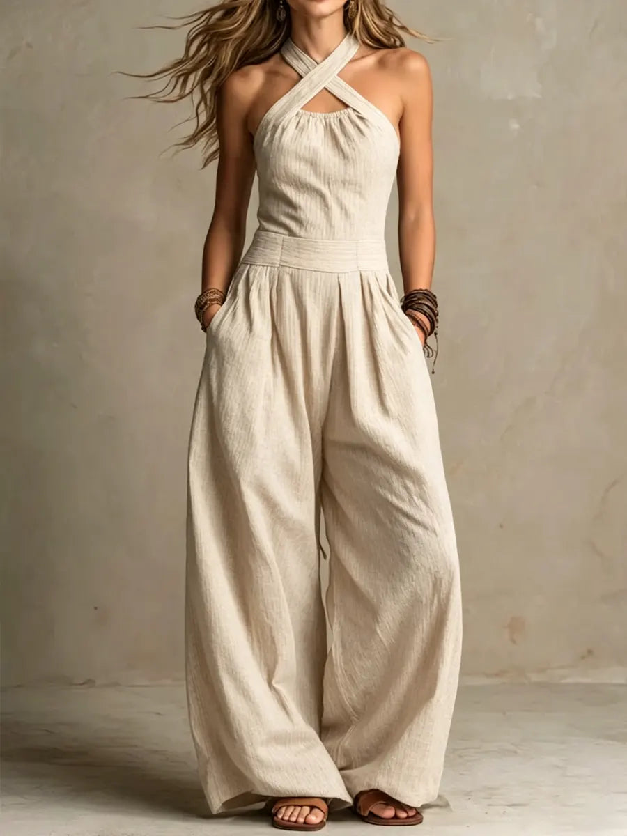 Cross Halter Neck Cut Out Wide Leg Jumpsuit with Pockets 2