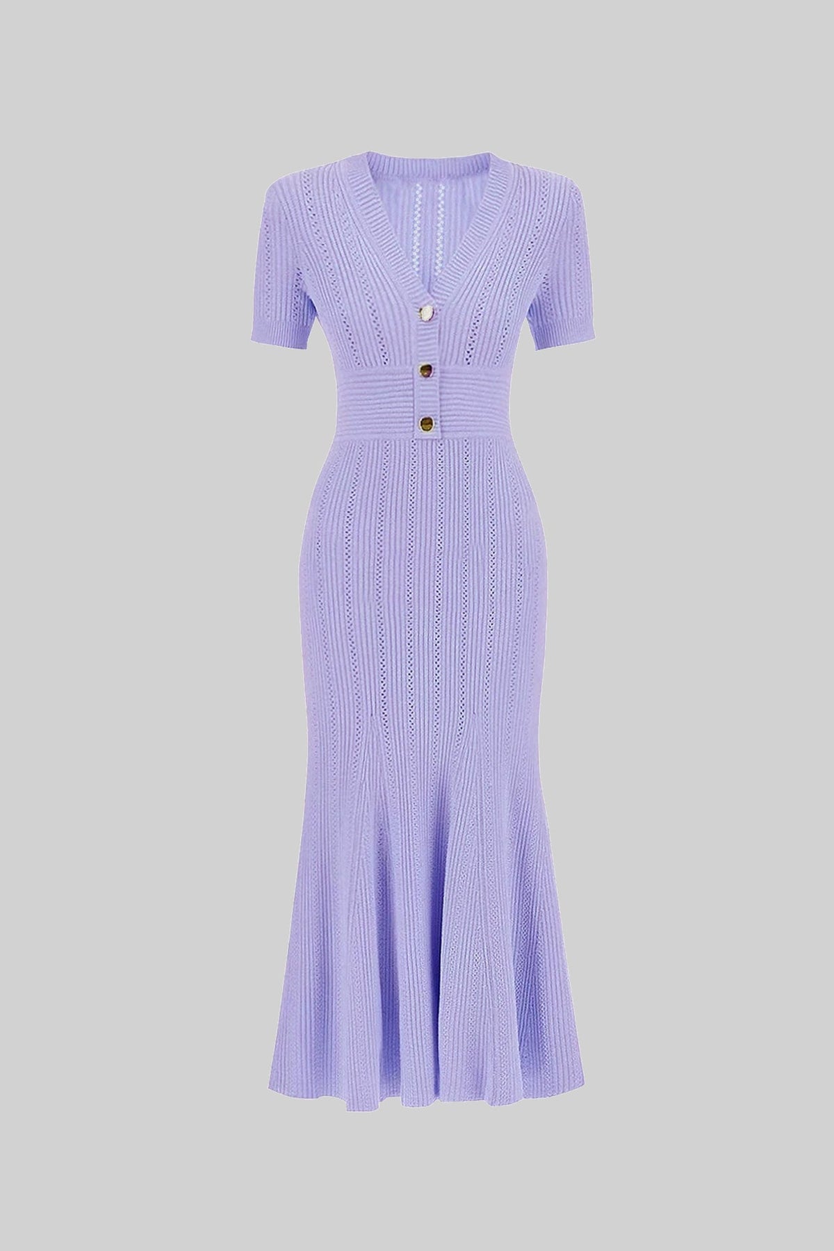 Ribbed Pointelle Deep V-Neck Short Sleeve Button Front Flounce Hem Midi Dress - View 2