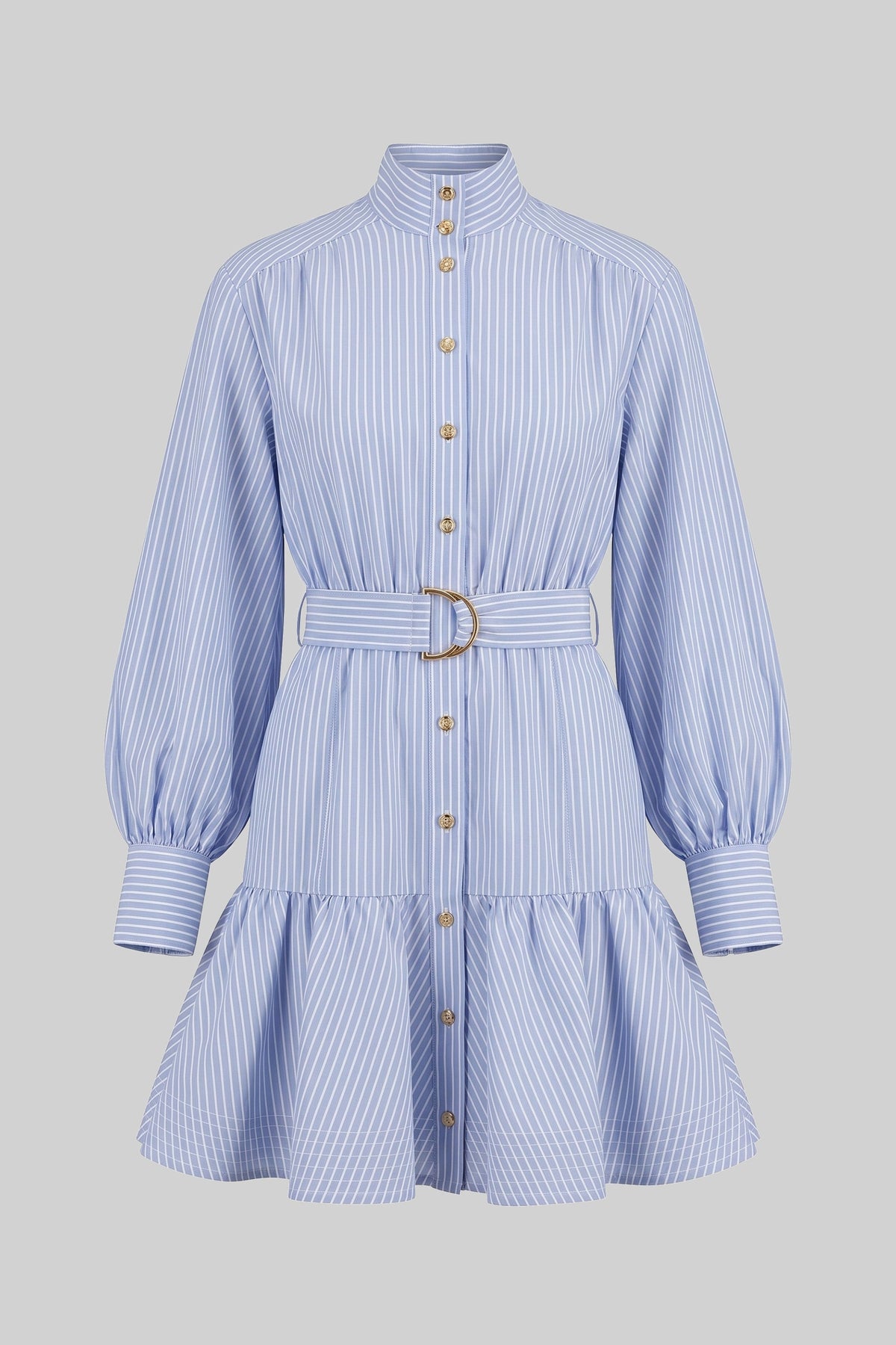 Striped High Neck Balloon Sleeve Belted Tiered Ruffle Mini Dress - View 2
