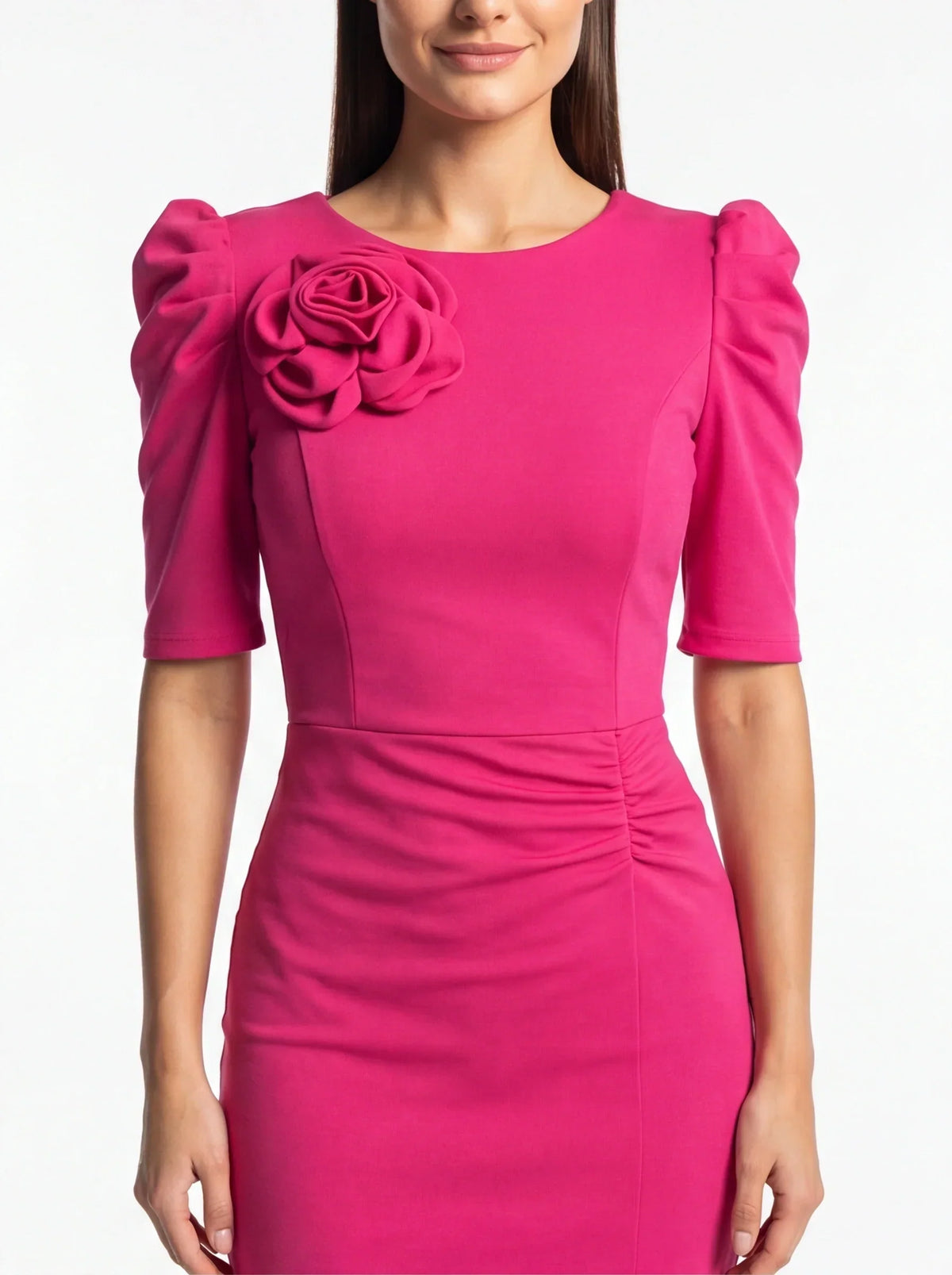 3D Floral Puff Sleeve Ruched High Split Bodycon Midi Dress - View 4