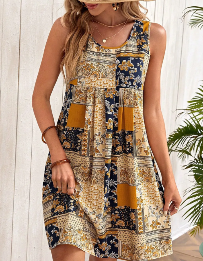 Patchwork Floral Empire Waist Sleeveless A-Line Summer Mini Dress - View 2