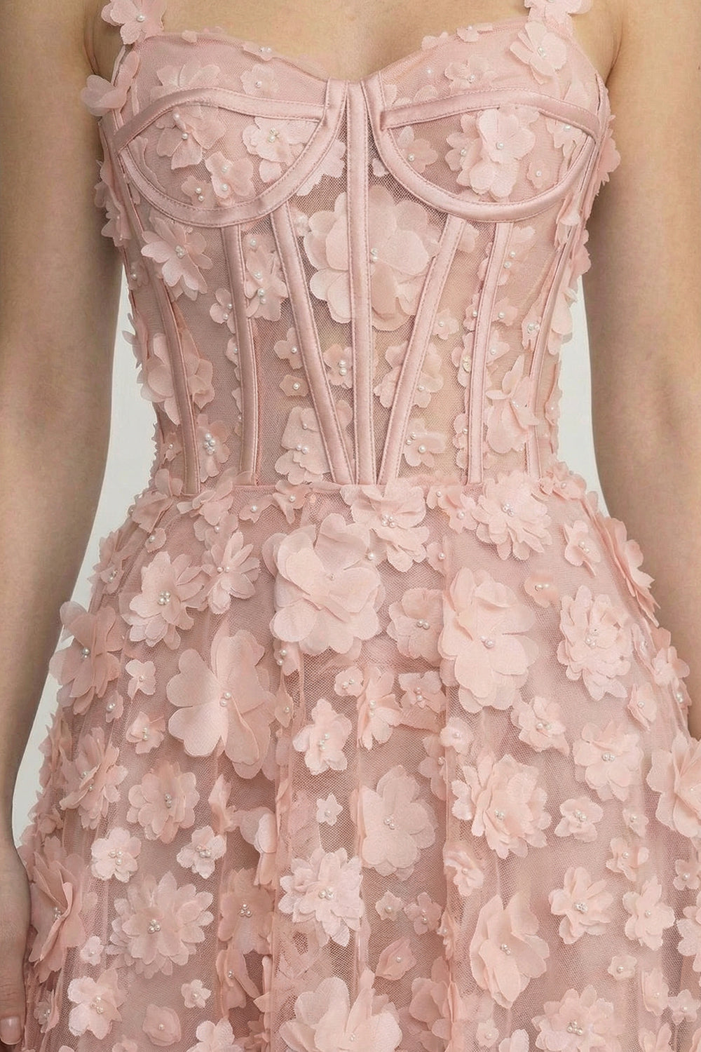 Floral Appliqué Maxi Dress With Corset Bodice - Pink - View 6