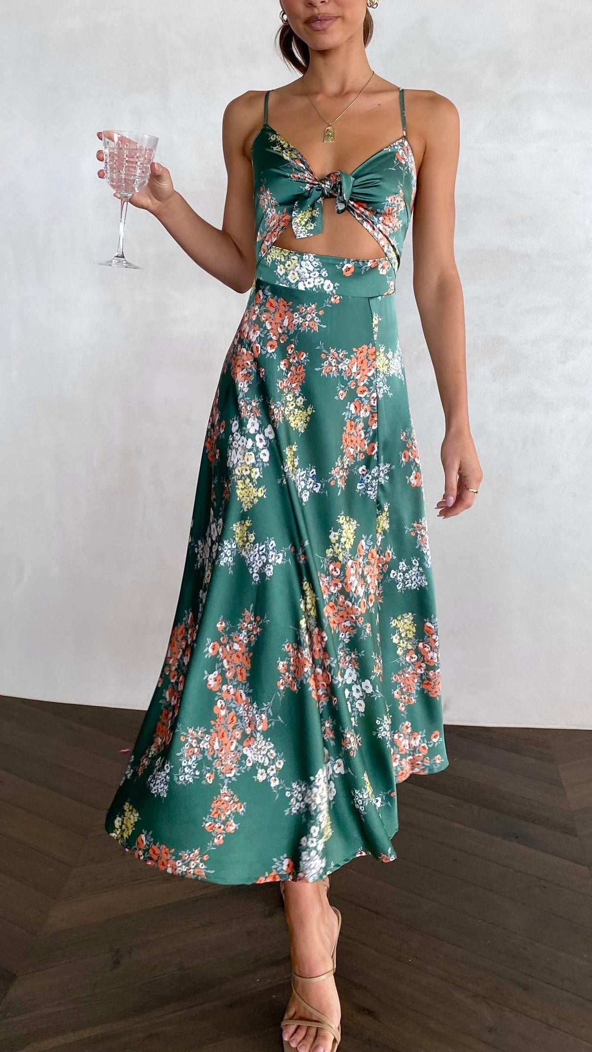 Floral Deep V-Neck Spaghetti Strap Tie Front High Split Midi Dress - View 25