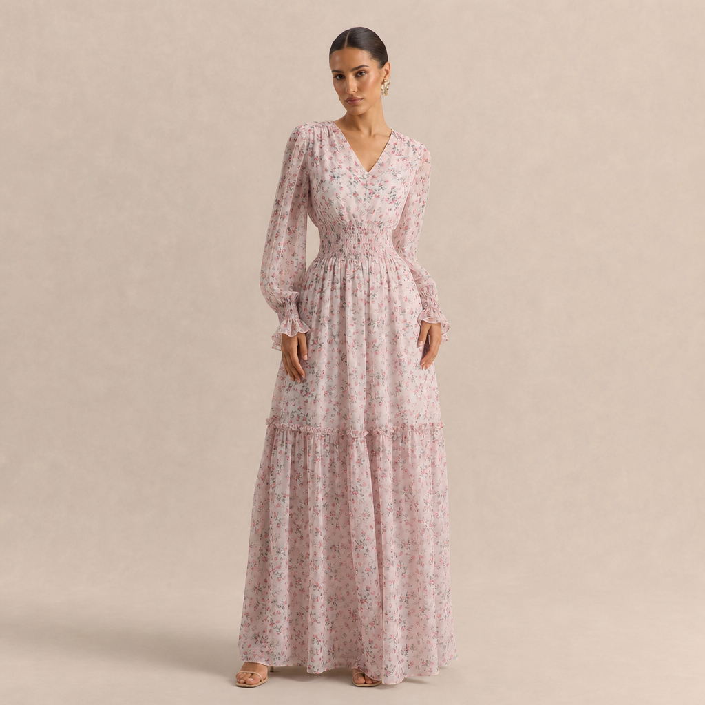 Floral V-Neck Long Sleeve Shirred Tiered Maxi Dress 4