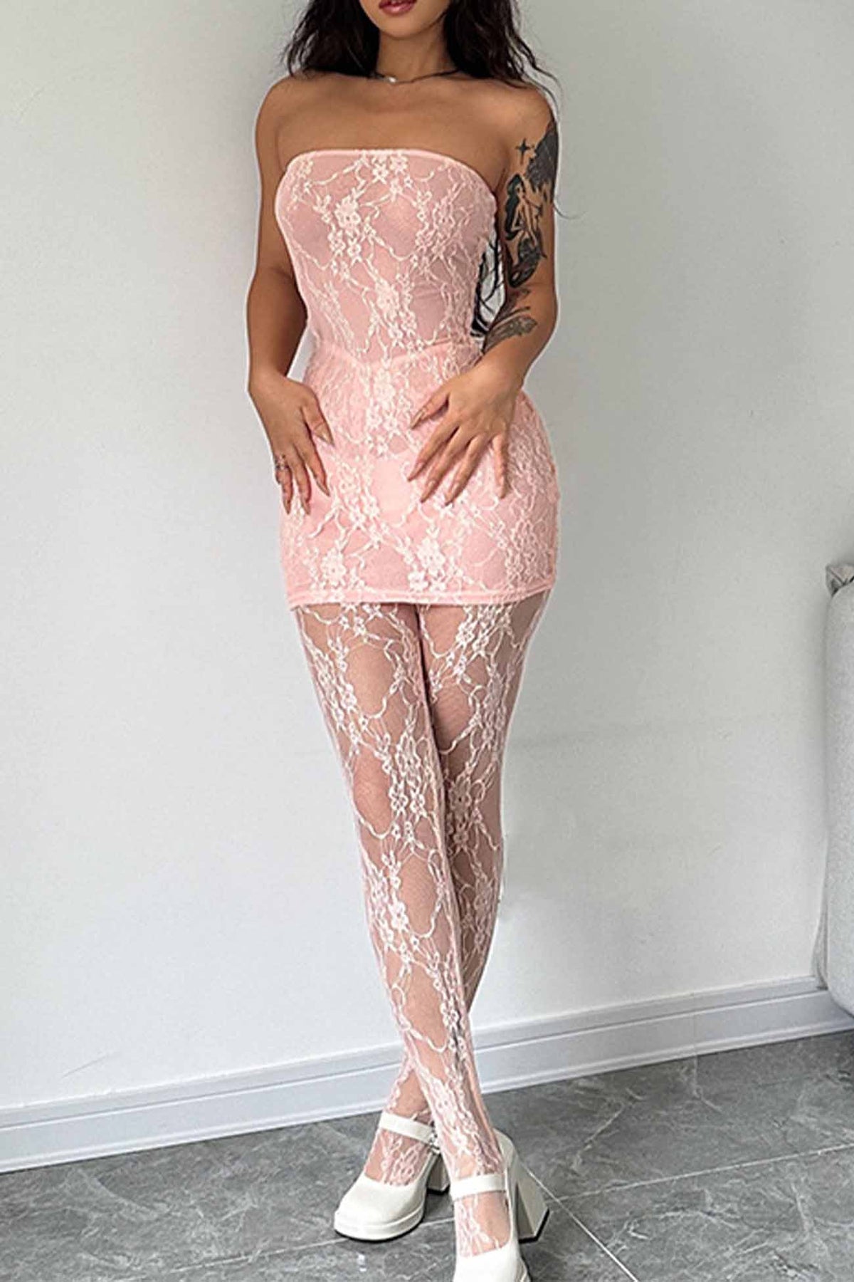 Strapless Floral Lace Bodycon Mini Leggings Two Piece Set - View 11