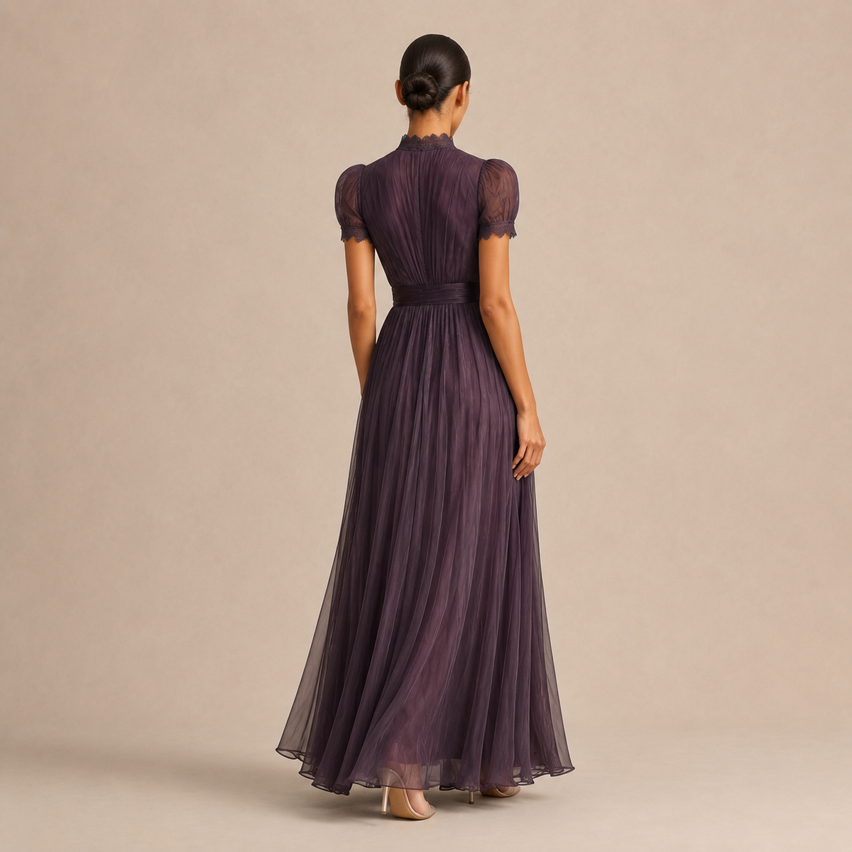 High Neck Keyhole Lace Trim Belted Chiffon Maxi Gown 3