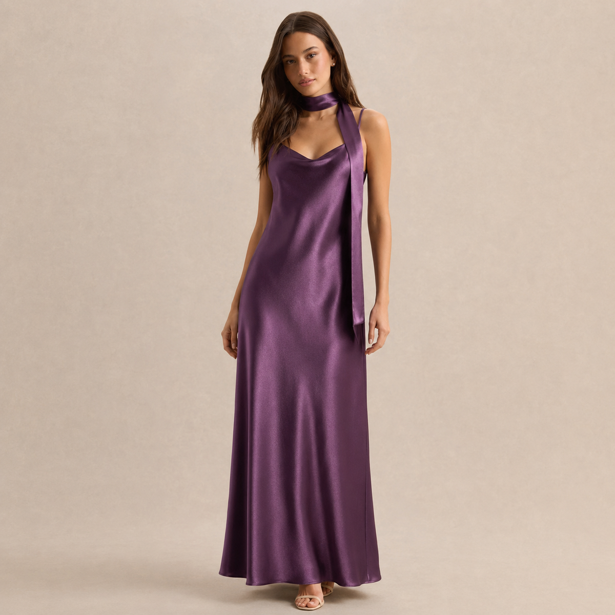 Scarf Neck V-Neck Satin Bias Slip Maxi Dress 17
