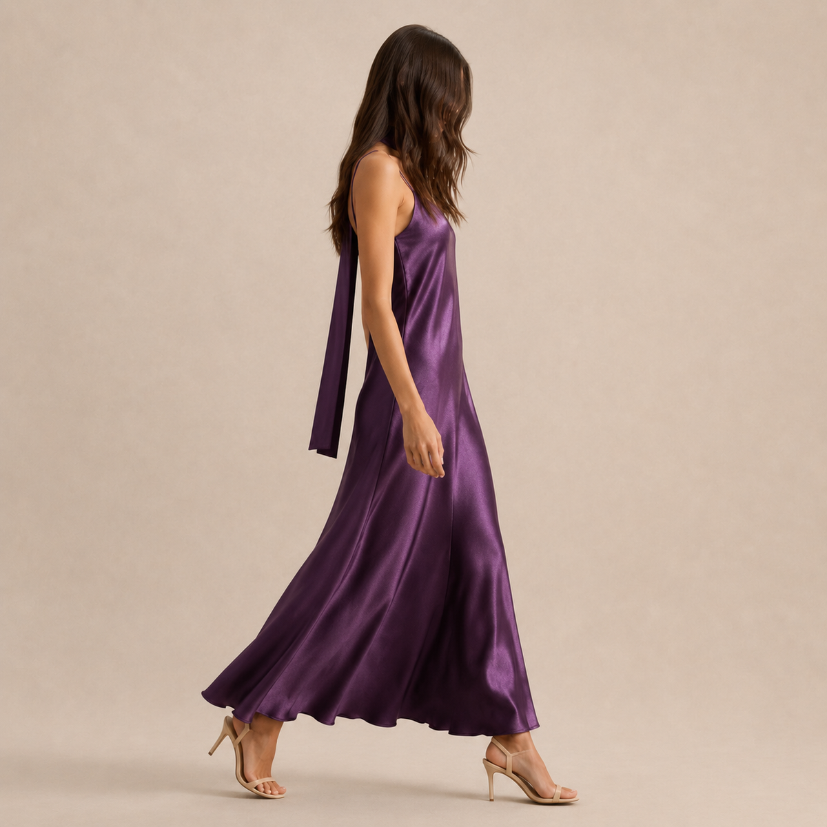 Scarf Neck V-Neck Satin Bias Slip Maxi Dress 20