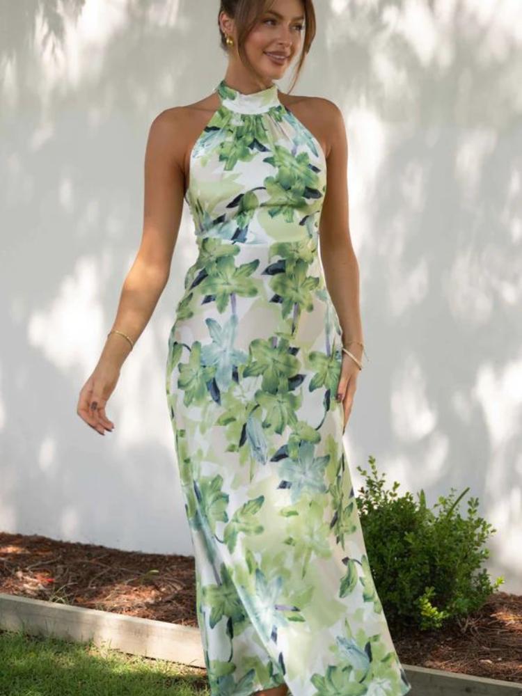 Satin Floral Print Halter Neck Backless High Split Maxi Dress - View 4