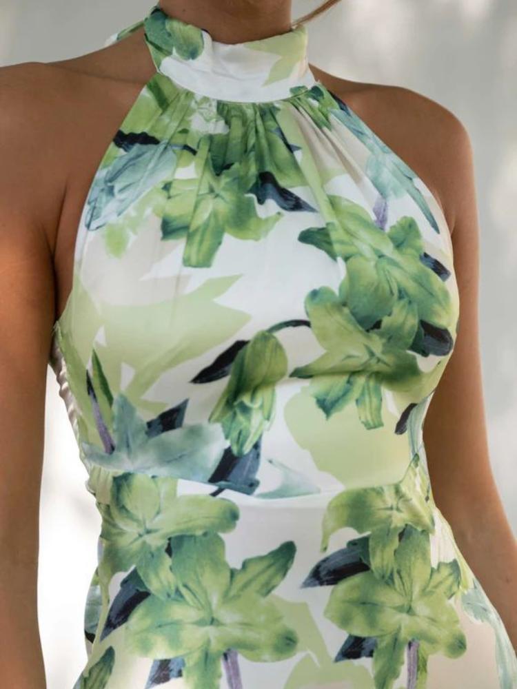 Satin Floral Print Halter Neck Backless High Split Maxi Dress - View 6
