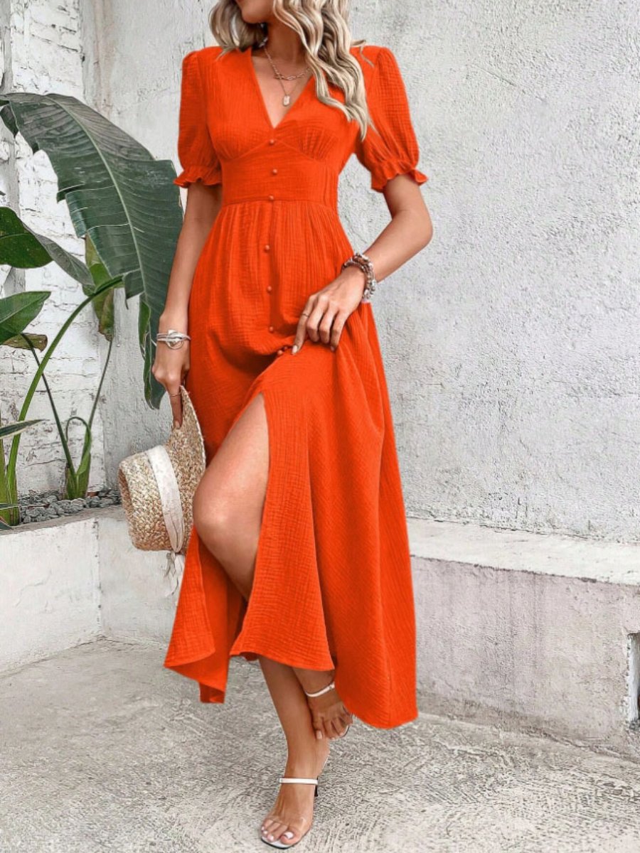 Deep V-Neck Crinkle Gauze Puff Sleeve Button Front Slit Midi Dress - View 4