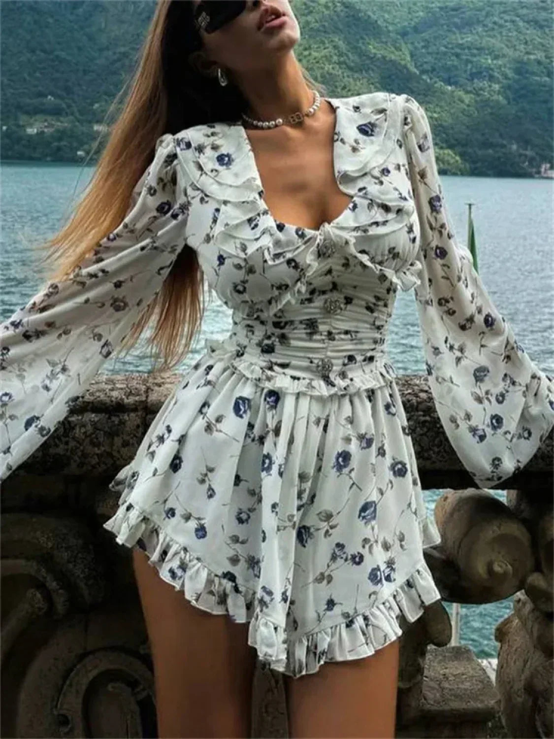 Deep V-Neck Ruffle Trim Smocked Waist Long Sleeve Mini Dress - View 2