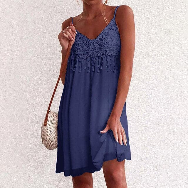 VNeck Strap Open White Lace Sleeveless Loose Elegant Mini Dress - View 6