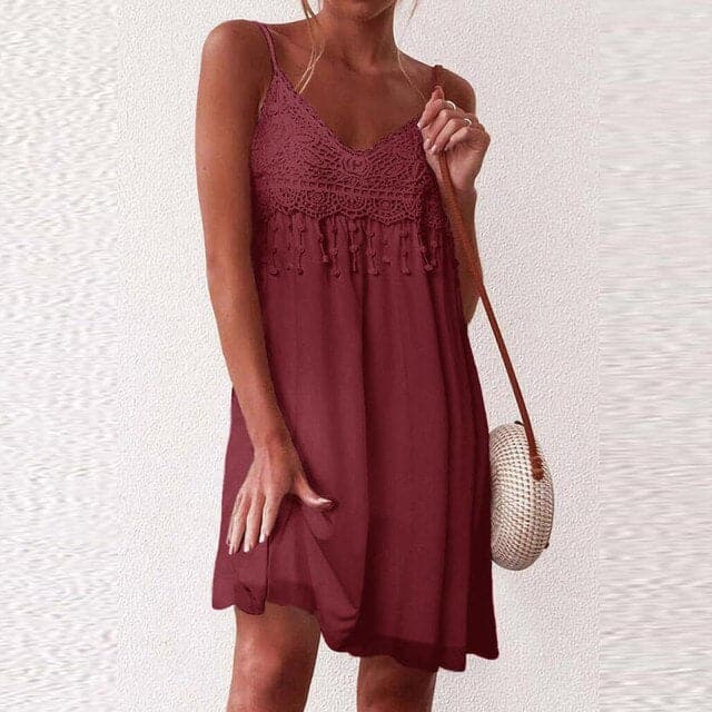 VNeck Strap Open White Lace Sleeveless Loose Elegant Mini Dress - View 9
