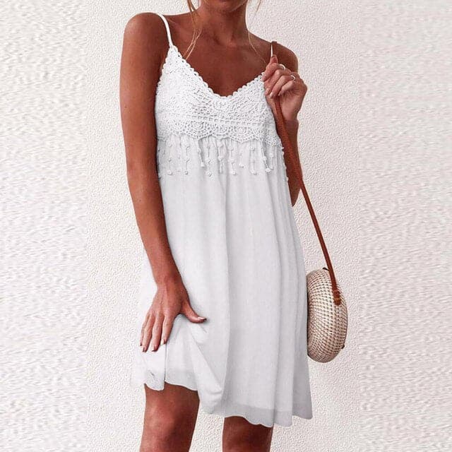 VNeck Strap Open White Lace Sleeveless Loose Elegant Mini Dress - View 7