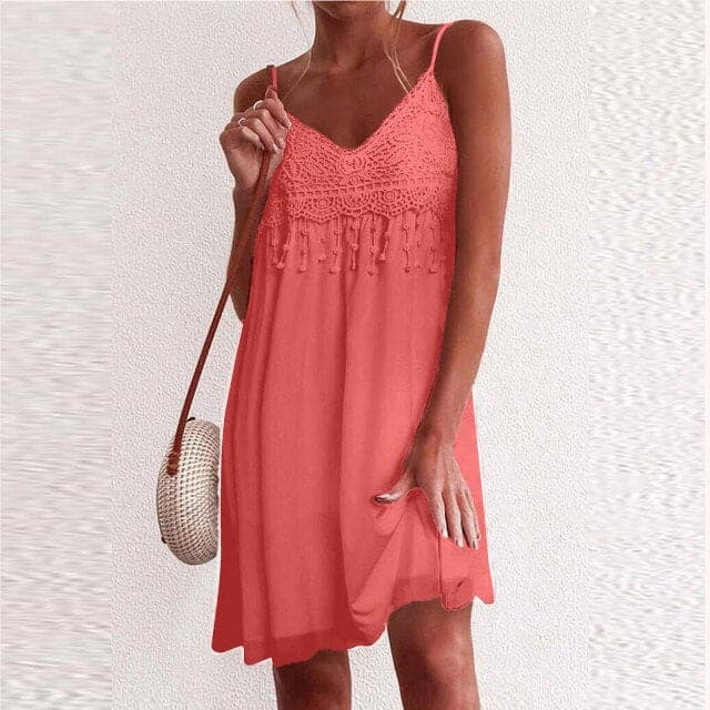 VNeck Strap Open White Lace Sleeveless Loose Elegant Mini Dress - View 2