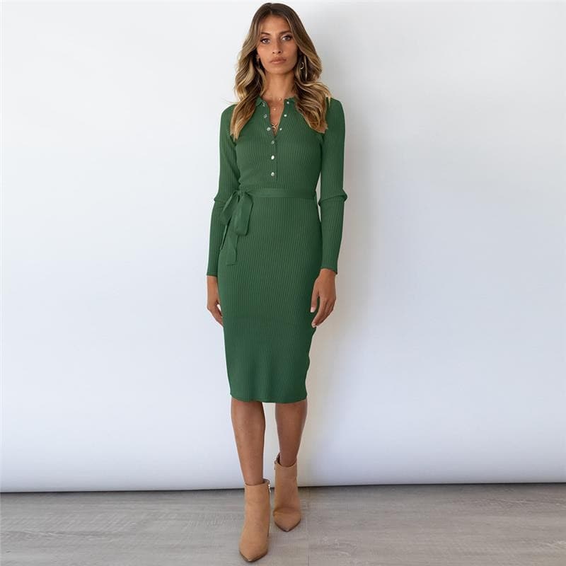 Ribbed Knit Polo Collar Button Front Tie Waist Bodycon Midi Dress - View 4