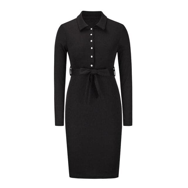 Ribbed Knit Polo Collar Button Front Tie Waist Bodycon Midi Dress - View 7