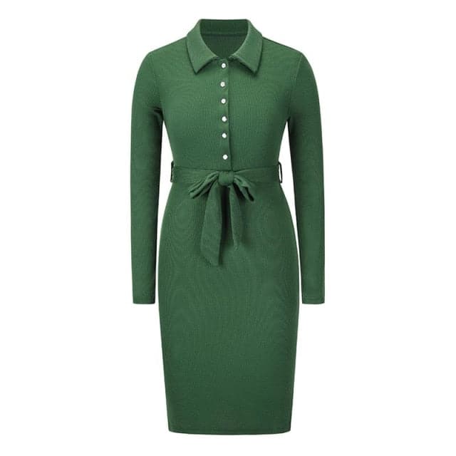 Ribbed Knit Polo Collar Button Front Tie Waist Bodycon Midi Dress - View 9