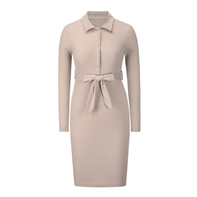 Ribbed Knit Polo Collar Button Front Tie Waist Bodycon Midi Dress - View 8