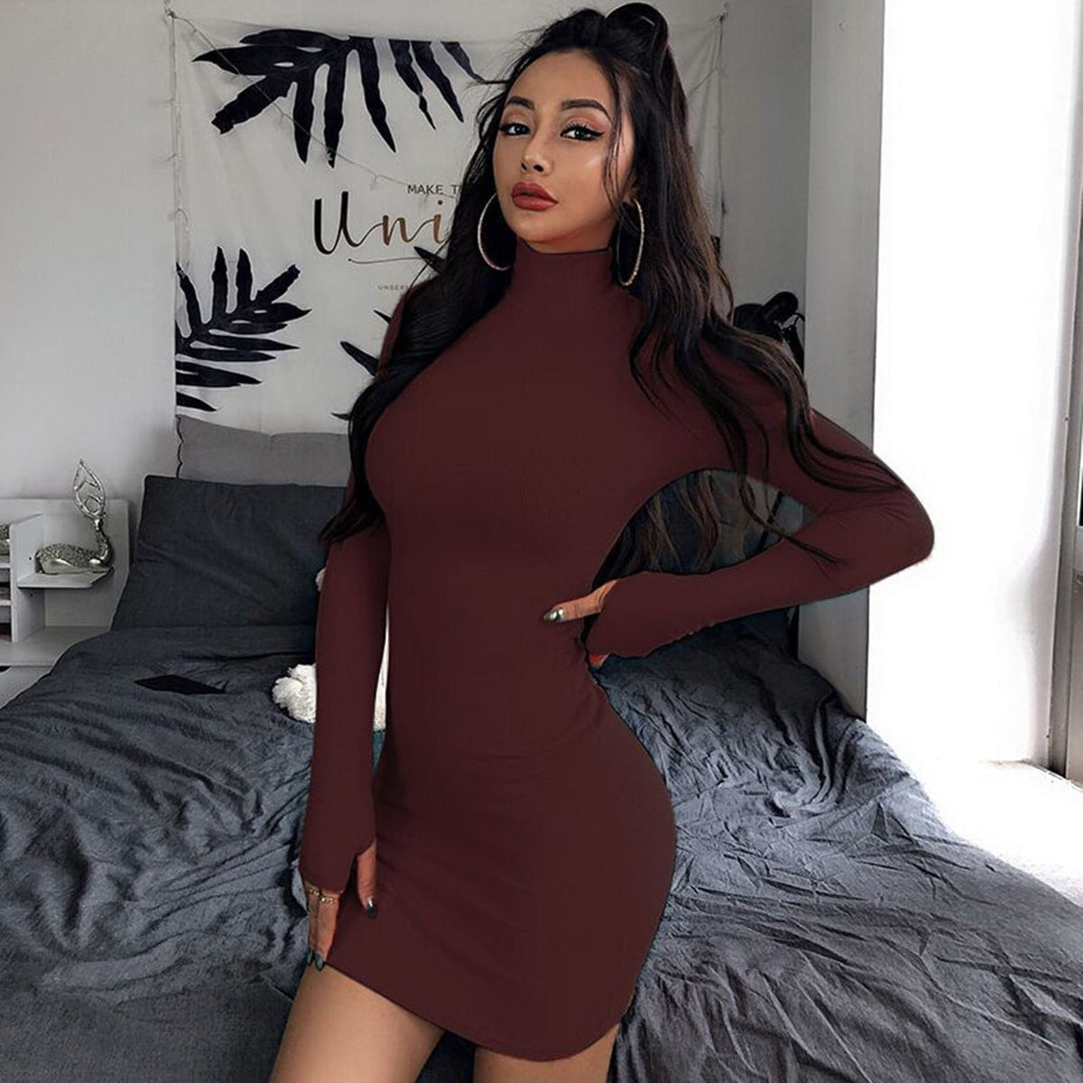Knit Turtleneck Long Sleeve Bodycon Mini Dress - View 7