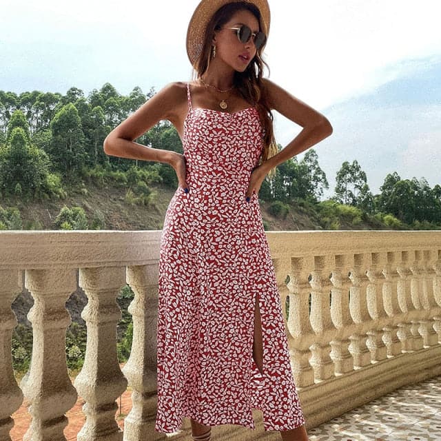 Ditsy Floral Strapless High Split Slip Maxi Summer Dress - View 4
