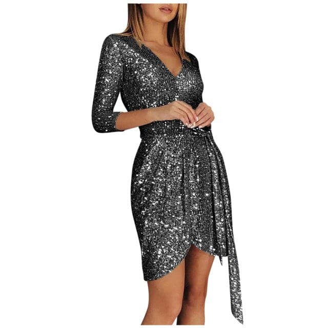 Sequin V-Neck 3/4 Sleeve Wrap Ruched Bodycon Mini Dress - View 3