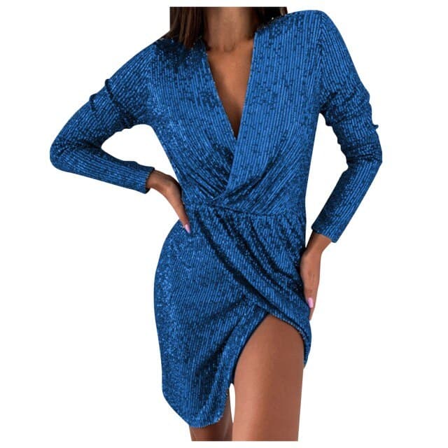 Sequin Deep V-Neck Long Sleeve Surplice Wrap Ruched Bodycon Mini Dress - View 6