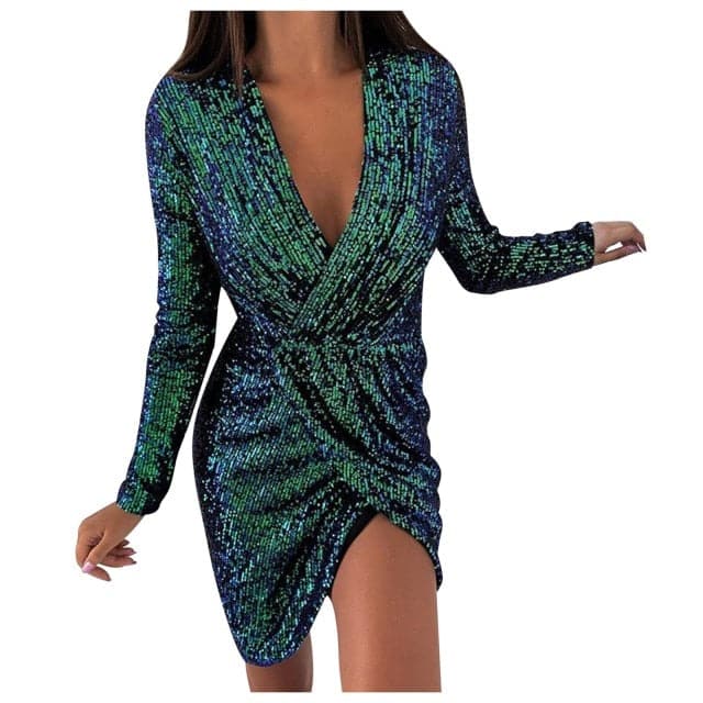 Sequin Deep V-Neck Long Sleeve Surplice Wrap Ruched Bodycon Mini Dress - View 4
