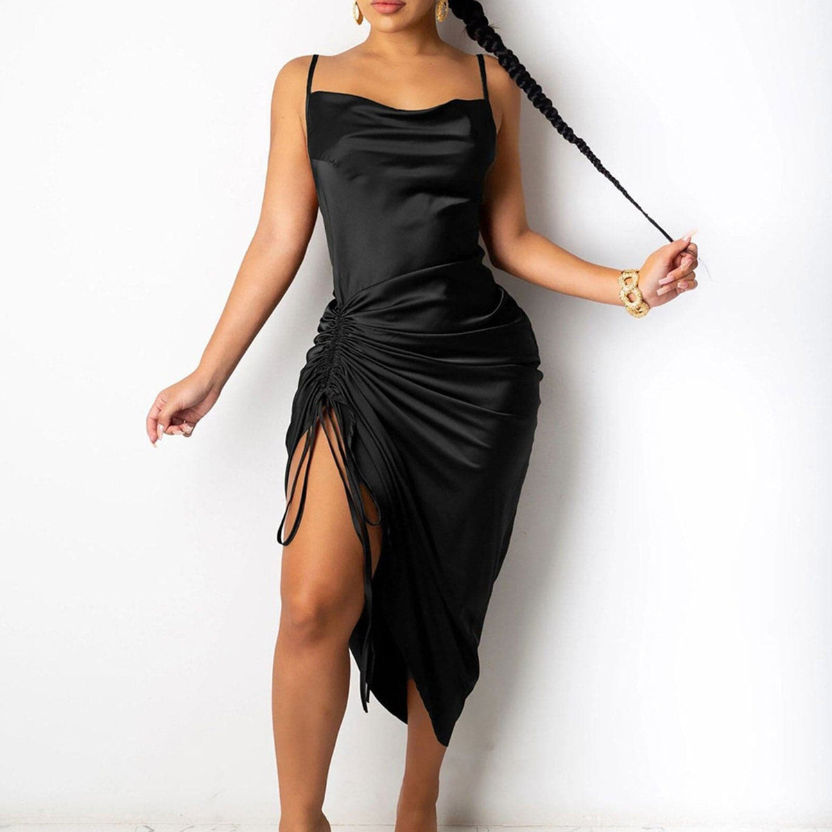 Ruched Satin Cowl Neck Backless Drawstring Maxi Dress