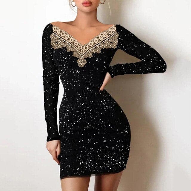 V-Neck Long Sleeve Lace Trim Glitter Bodycon Mini Dress 8